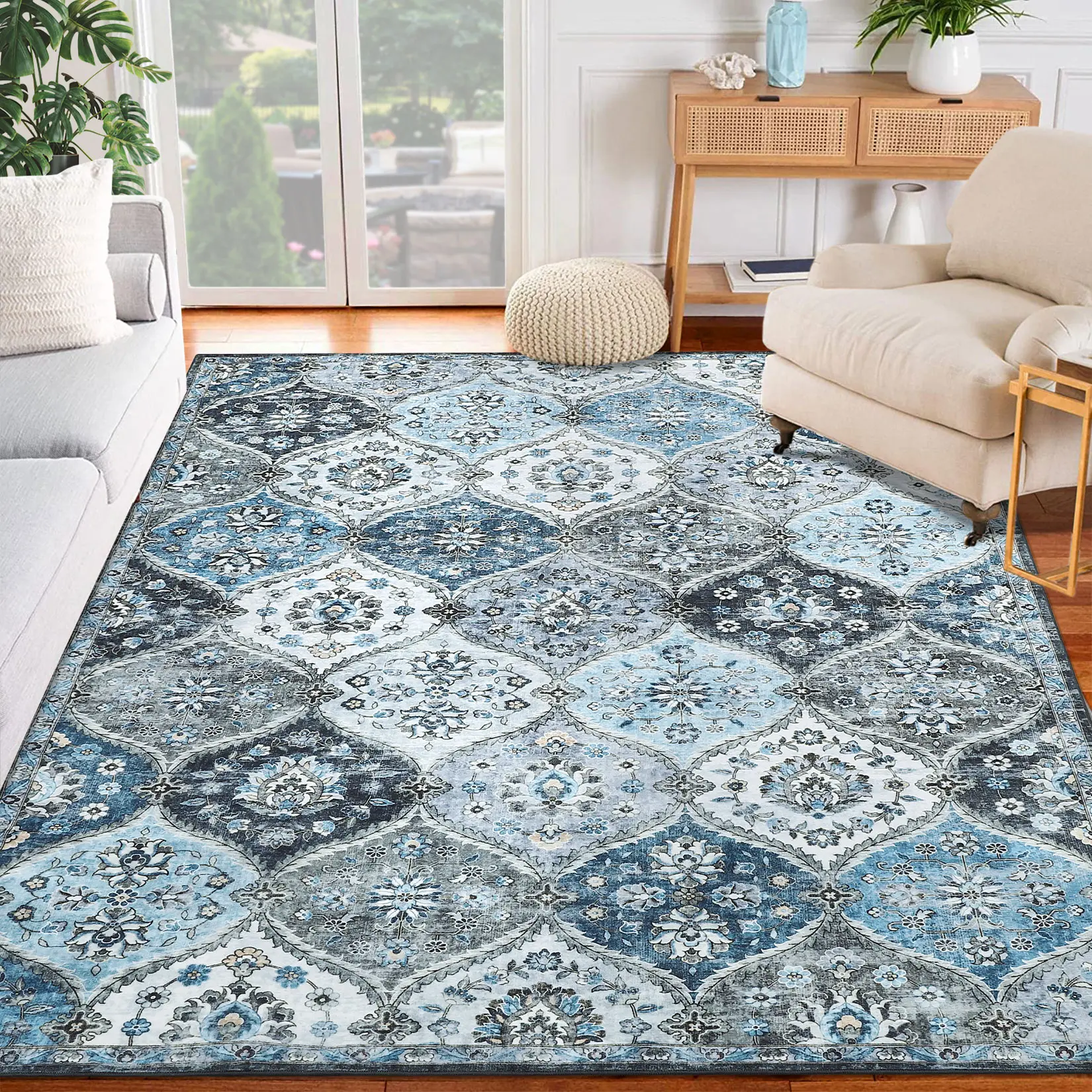 Vintage Area Rugs Washable Floral Print Floor Cover, Non-Slip Accent Carpet, Foldable Low Pile Indoor Mat for Kitchen, Bedroom, Living Room
