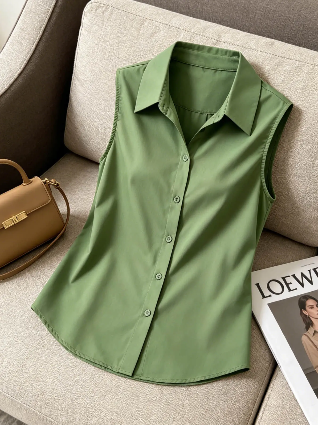 A fashionable women's collared sleeveless blouse shirt with a single breasted hanging top for casual commuting, suitable for summer office commuting, outdoor picnicking, vacation travel
