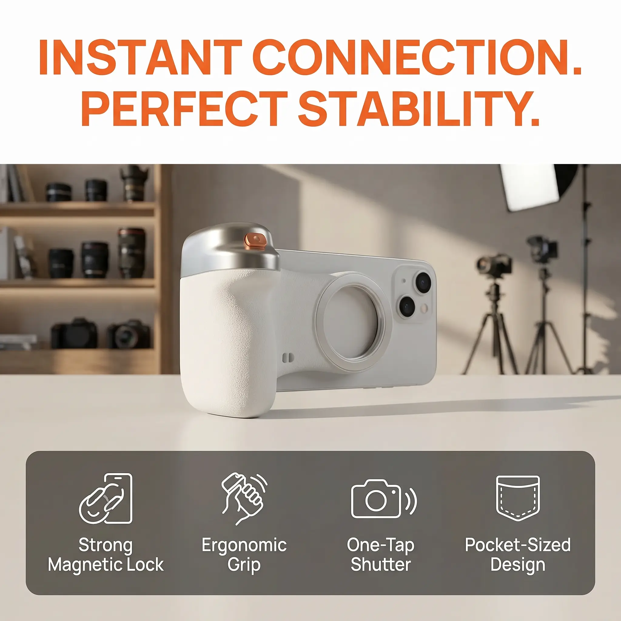 Magnetic Phone Camera Grip with Wireless Shutter, DSLR-Style Handle with 1/4" Mount, Stable Vlogging Tool for iPhone & Android