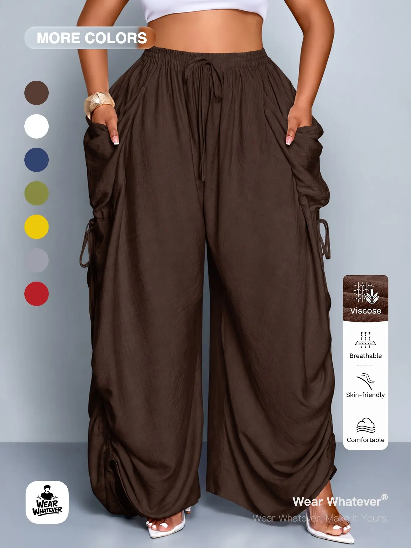 Wear Whatever Women’s Brown Wide Leg Parachute Pants, High Waist Drawstring Cargo Style Loose Fit Trousers for High Street, Travel, Coffee Run, Weekend and Casual Daily Outfits, Breathable