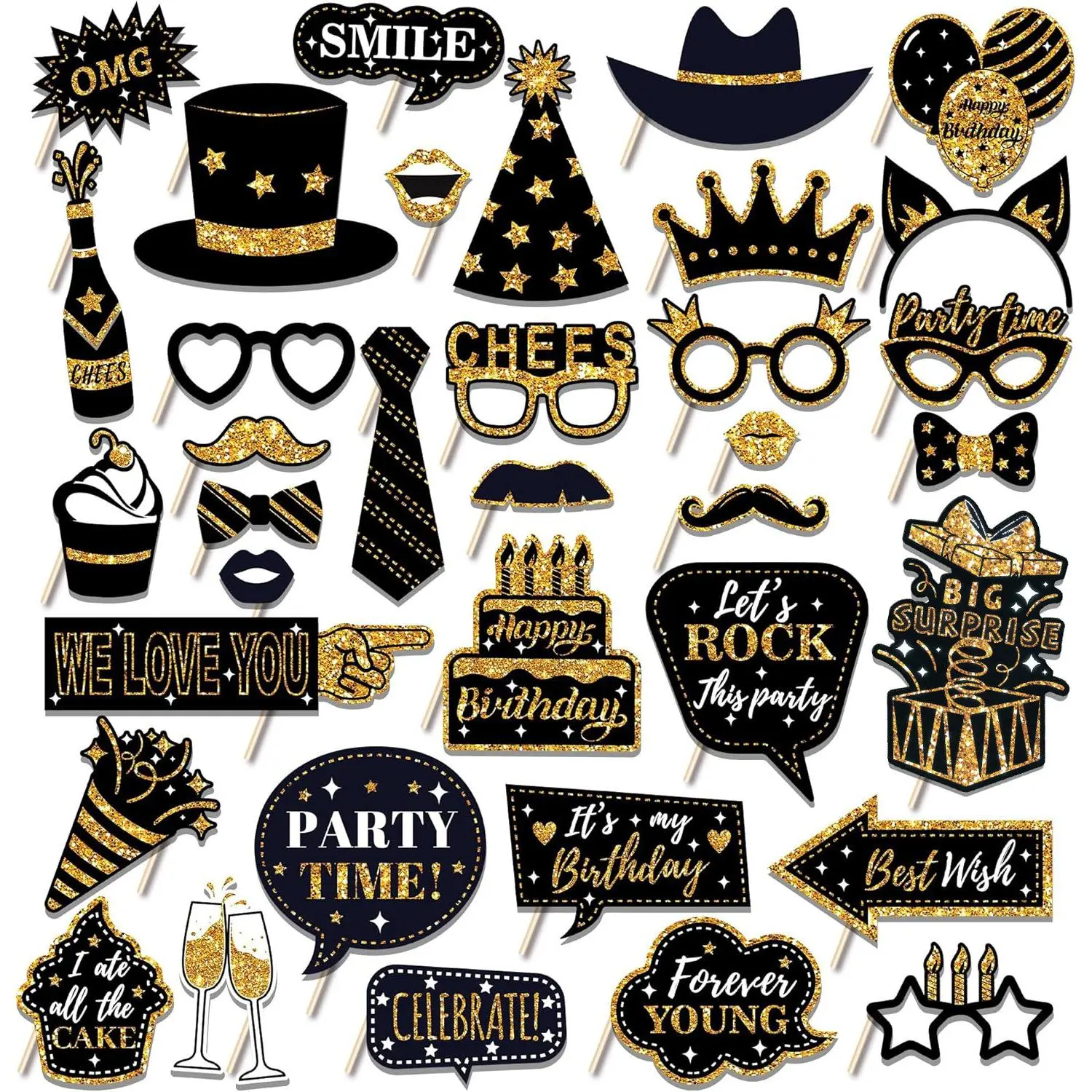 36PCS Birthday Photo Booth Props Kit, Graduation Party Set, Gold Black Party Decorations, Funny Selfie Accessories, Party Accessory with Hats, Glasses, Masks, Signs for Birthday, New Year Eve, Wedding, Graduation Celebration Supplies