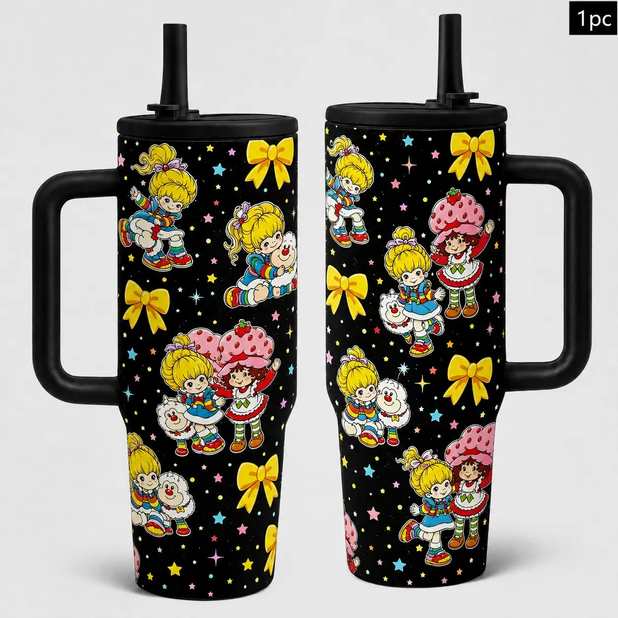 1pc 40oz Rainbow Brite Strawberry Shortcake Black Retro Cartoon Tumbler with Handle, Leakproof Lid and Straw, Double Wall Vacuum Insulated Stainless Steel Cup, Keeps Hot 12H Cold 24H for Pool Car Office Daily Use