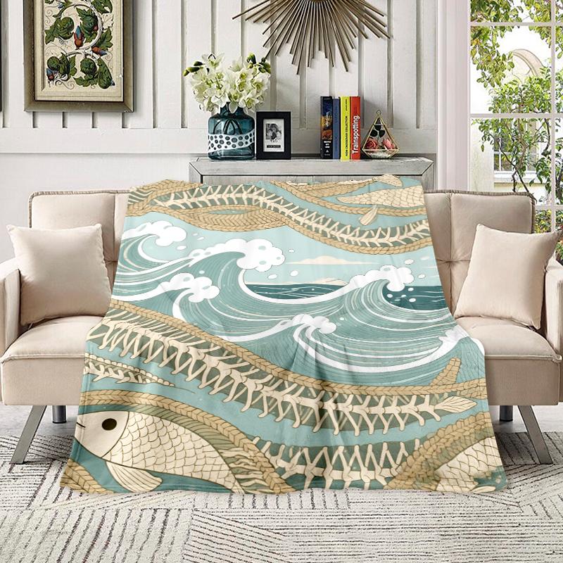 Japanese Great Wave Skeleton Fish Blanket: Ukiyo-E Inspired Ocean Art Throw With Coastal Vibes, Ultra Soft Plush Fleece Blanket Printed In USA For Nautical Decor Lovers