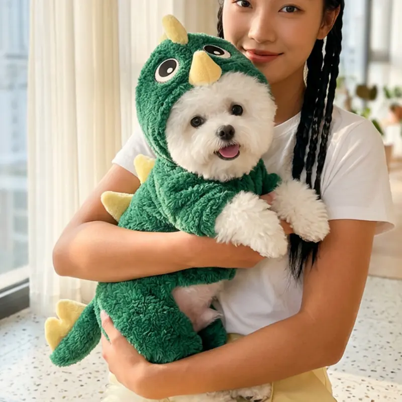 Cute Dinosaur Teeth Hooded Dog Pajamas Fall Winter Fleece Lined 4 Legged Pet Clothes Warm Puppy Jumpsuit Soft Cozy Pet Outfit for Small Medium Dogs Daily Wear