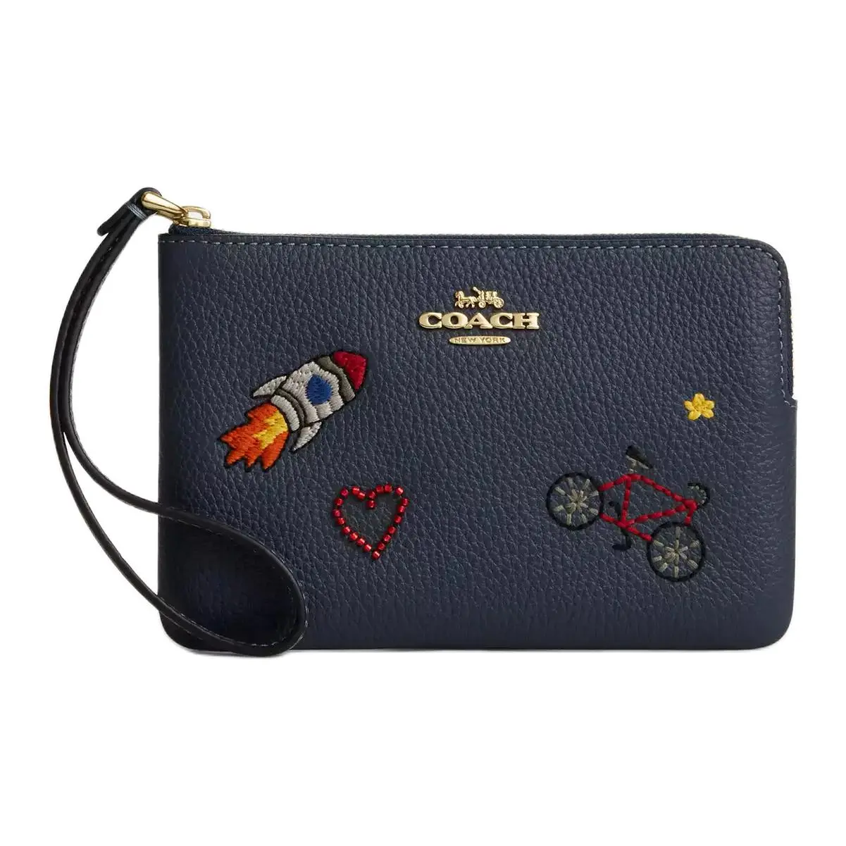COACH Corner Zip Wristlet 16 – Embroidered Leather Clutch for Women, Dark Denim