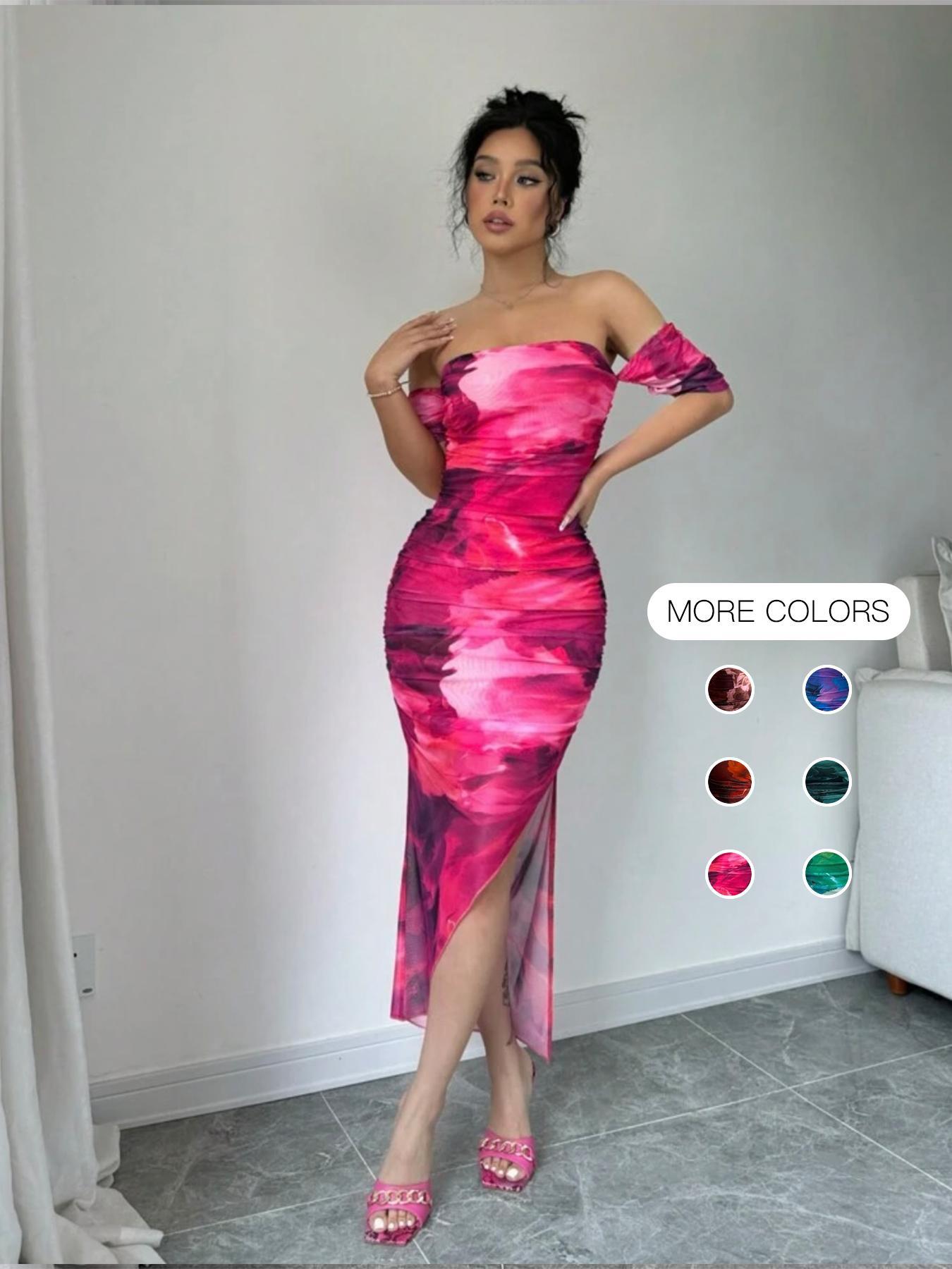 Women's All Over Print Off Shoulder Mesh Breathable Slit Dress, Elegant Chic Fashion Casual Dress for Party Club Dating Wear, Women Dress for Summer
