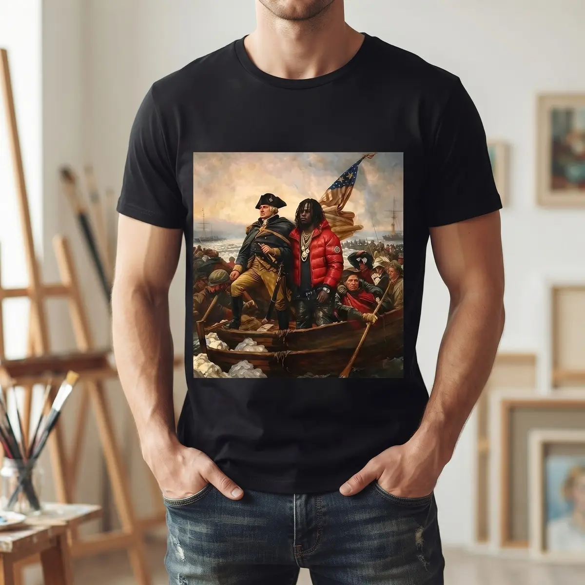 Unisex Polyester Chief Keef "Crossing the Delaware River" Graphic T-Shirt - Funny Print, Rap Artwork, Vintage Oil Painting History Design, Round Neck Short Sleeve Sports Top, Novelty Gift