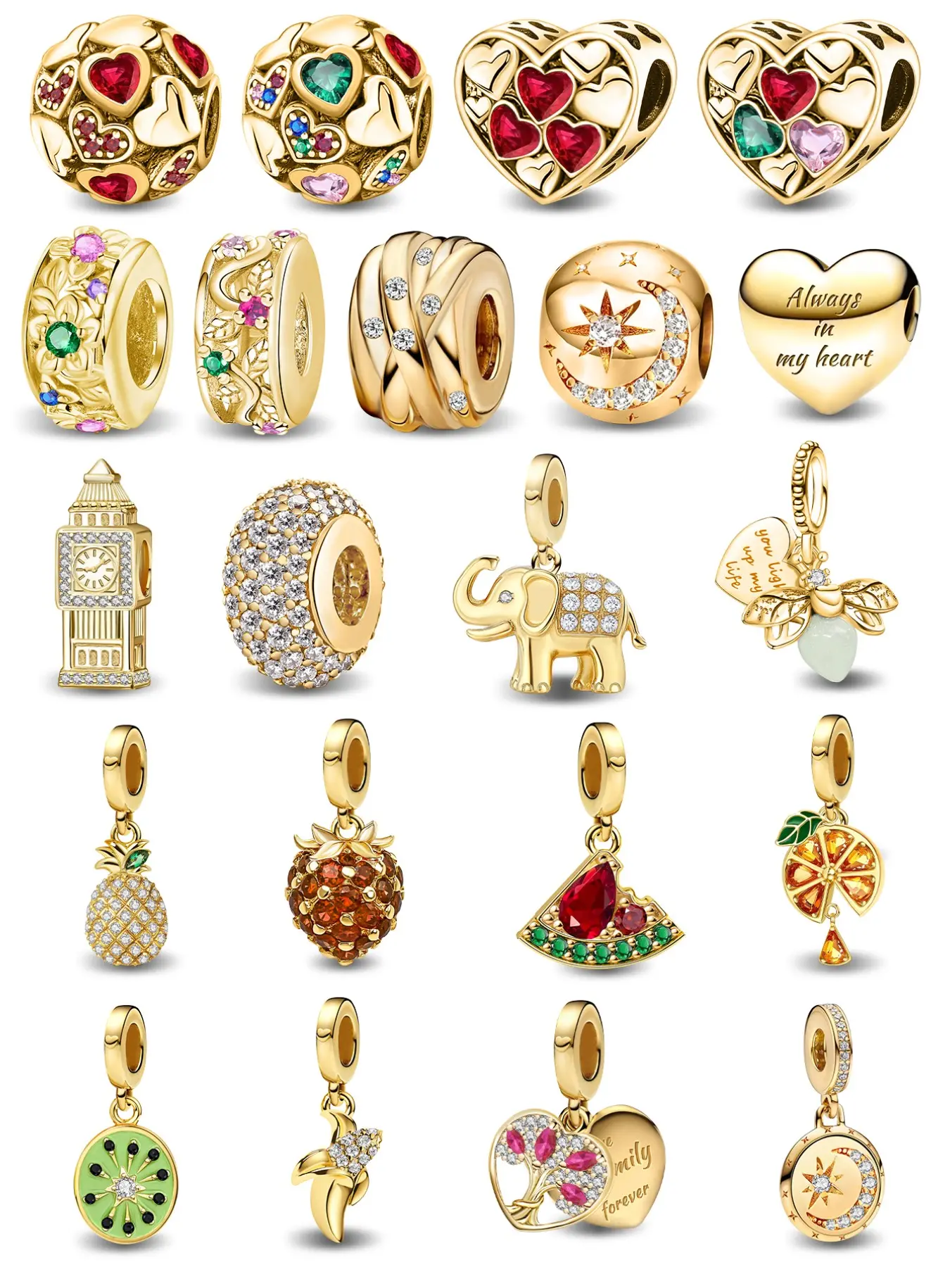 All Gold Collection Copper Plated Charms with Multi Gemstone Accents, Star Moon and Tropical Fruit Details for High-end Bracelet Making, Charms for Bracelets, DIY Jewelry with Charms & Anniversary Presents, Charm Accessory