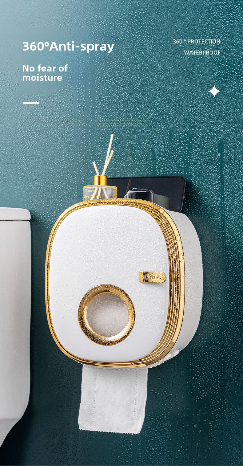 OTEN Large Capacity Double-layer Waterproof Tissue Storage Box Wall Mounted Plastic Roll Paper Holder Non Perforated Design with Storage Compartment Home Goods Installation Golden