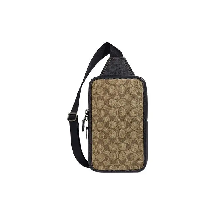 Coach Sullivan 16 Small Crossbody Bag for Men – Coated Canvas and Pebbled Leather with Signature Print and Zip Closure, Khaki Verifiable, with credentials and supporting global authentication