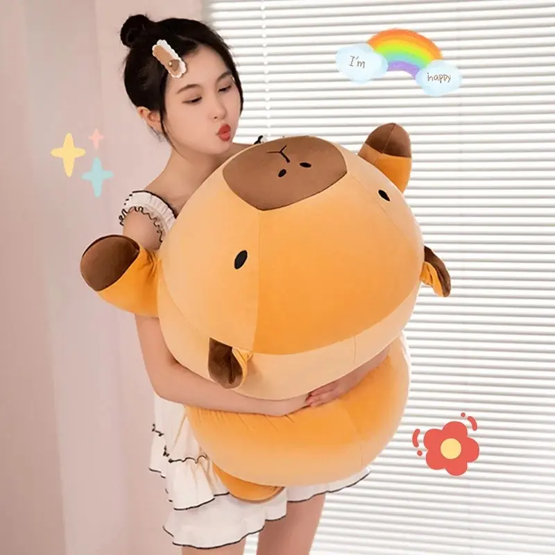 Chubby long-haired capybara plush pillow, round cute standing brown aquatic cartoon animal pillow, plush toy gift