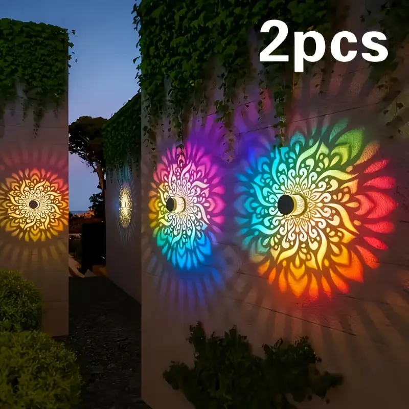 2-Pack Solar Wall Lights, Outdoor Color Changing Mandala Metal Hollow Wall Lanterns, IP65 Waterproof, Solar Garden Lamps, for Garden, Patio, Yard, Birthday Decorations
