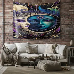 Mystical Celestial Faces Moon Frame Tapestry, Intricate Digital Print Wall Hanging Tapestry, Unique Bedroom Decor, Ethereal Design with Purple and Teal Colors, Living Room and Art Studio Wall Art, Enchanting Wall Tapestry for Home Aesthetic