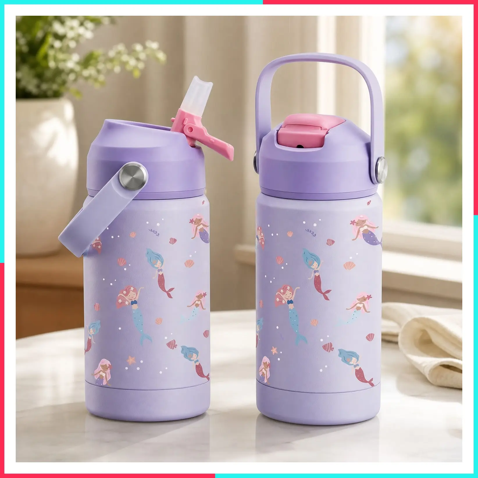 12oz Kids Insulated Water Bottle with Straw Lid, Mermaid - Vacuum Insulated Stainless Steel Small Thermos with Soft Rubber Handle, Leakproof for School Boys & Girls