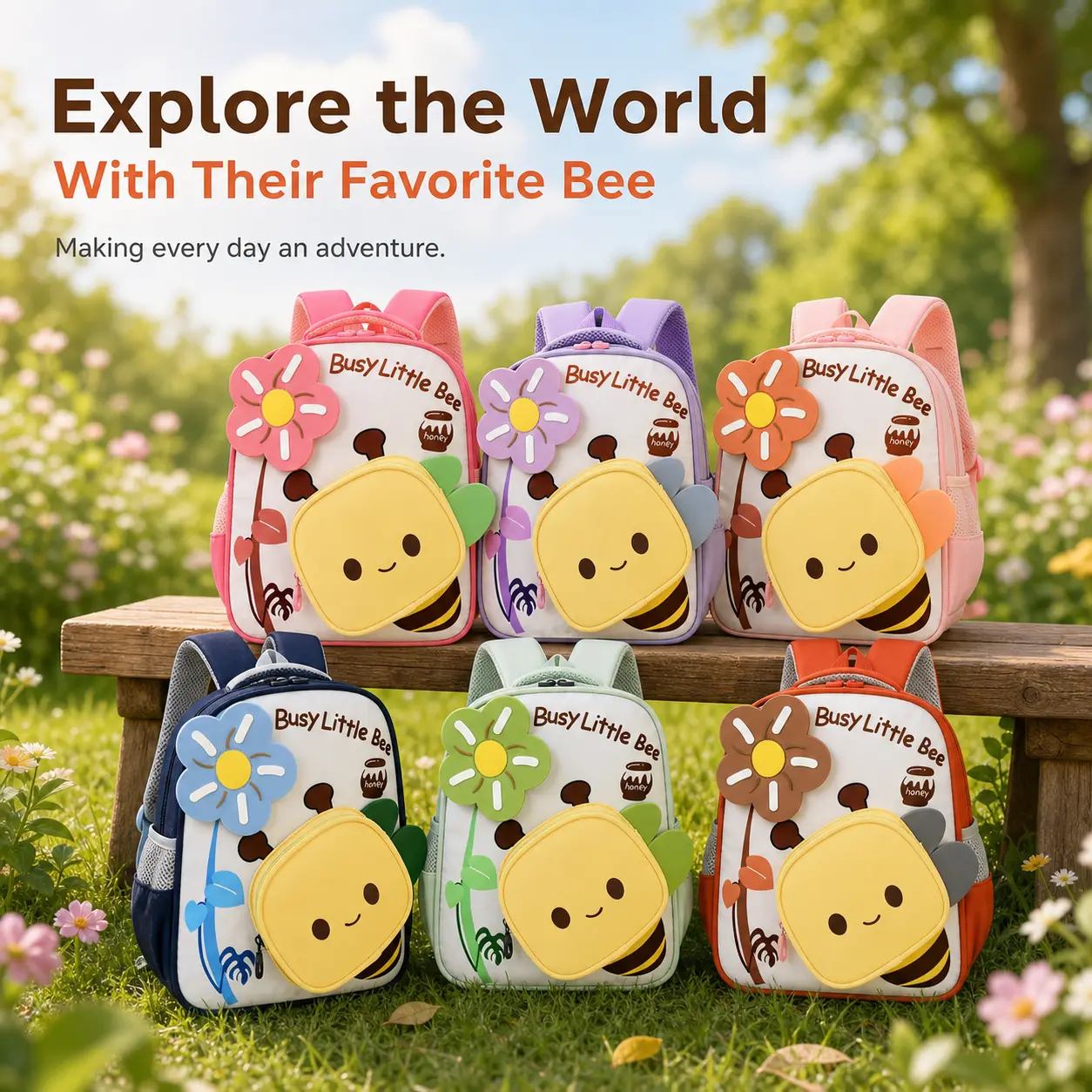 Unisex Kids Cute Bee Cartoon Backpack - Preschool Size, Lightweight Polyester Nylon, Waterproof Shock-Resistant, 3D Flower Decor Toddler Daycare Travel Bag