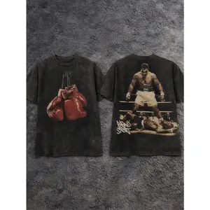 Ali Icon Knockout Match Back & Red Boxing Gloves Front Vintage Washed Oversized T-Shirt Legend Boxer Graphic Streetwear For Men Women