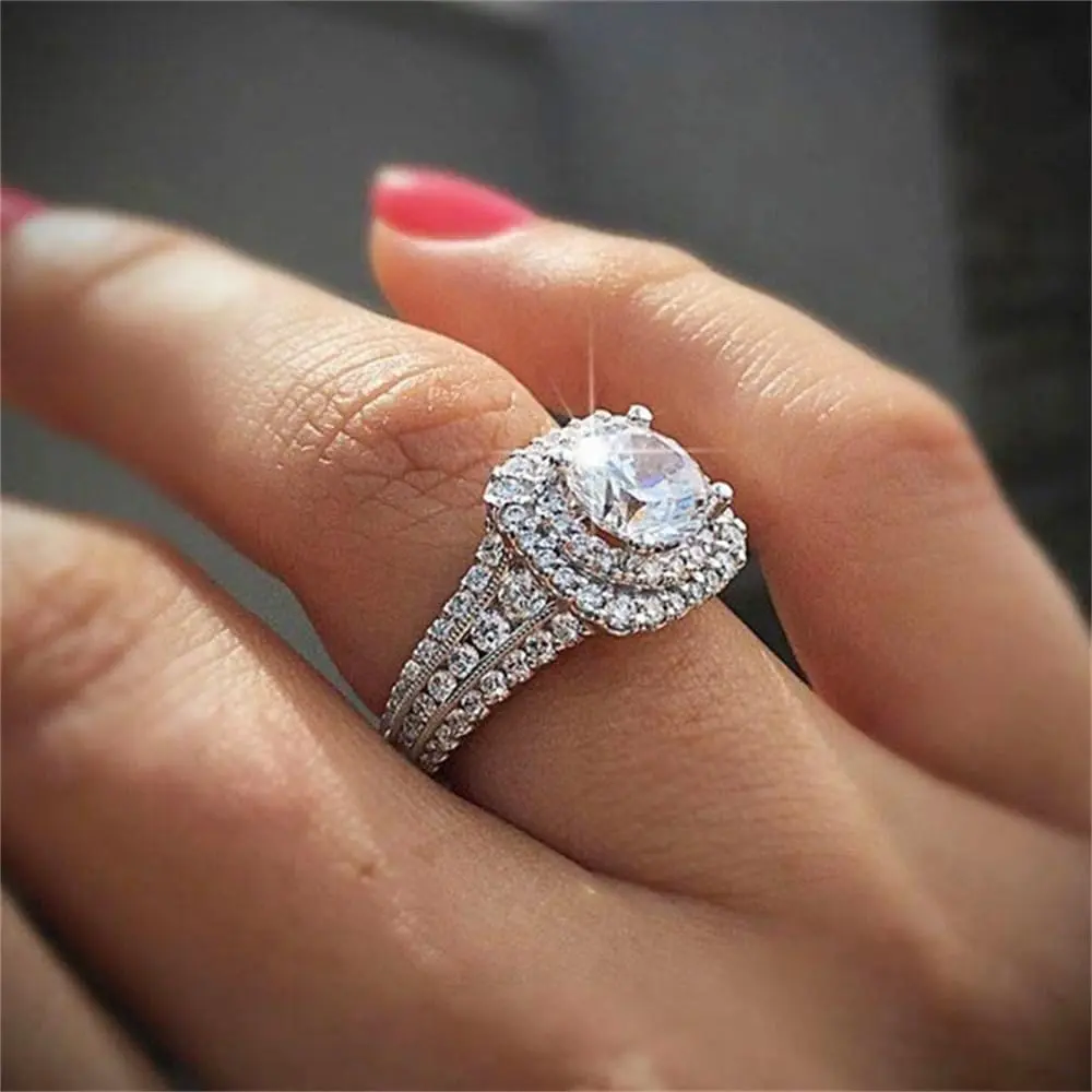 925 Sterling Silver Shiny Full Diamond Ring 18K Gold Cocktail Rings Round Cut Cubic Zirconia Promise Rings CZ Multi Row Diamond Ring Eternity Engagement Wedding Band Ring  Women Z.45 (US Code 7) New model