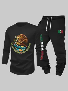 Men's Regular Graphic Eagle Print Long Sleeve Sweatshirt & Jogger Pants Set, Casual Cozy Breathable Outfits for Daily Outdoor Wear, Men's Clothes for Fall & Winter