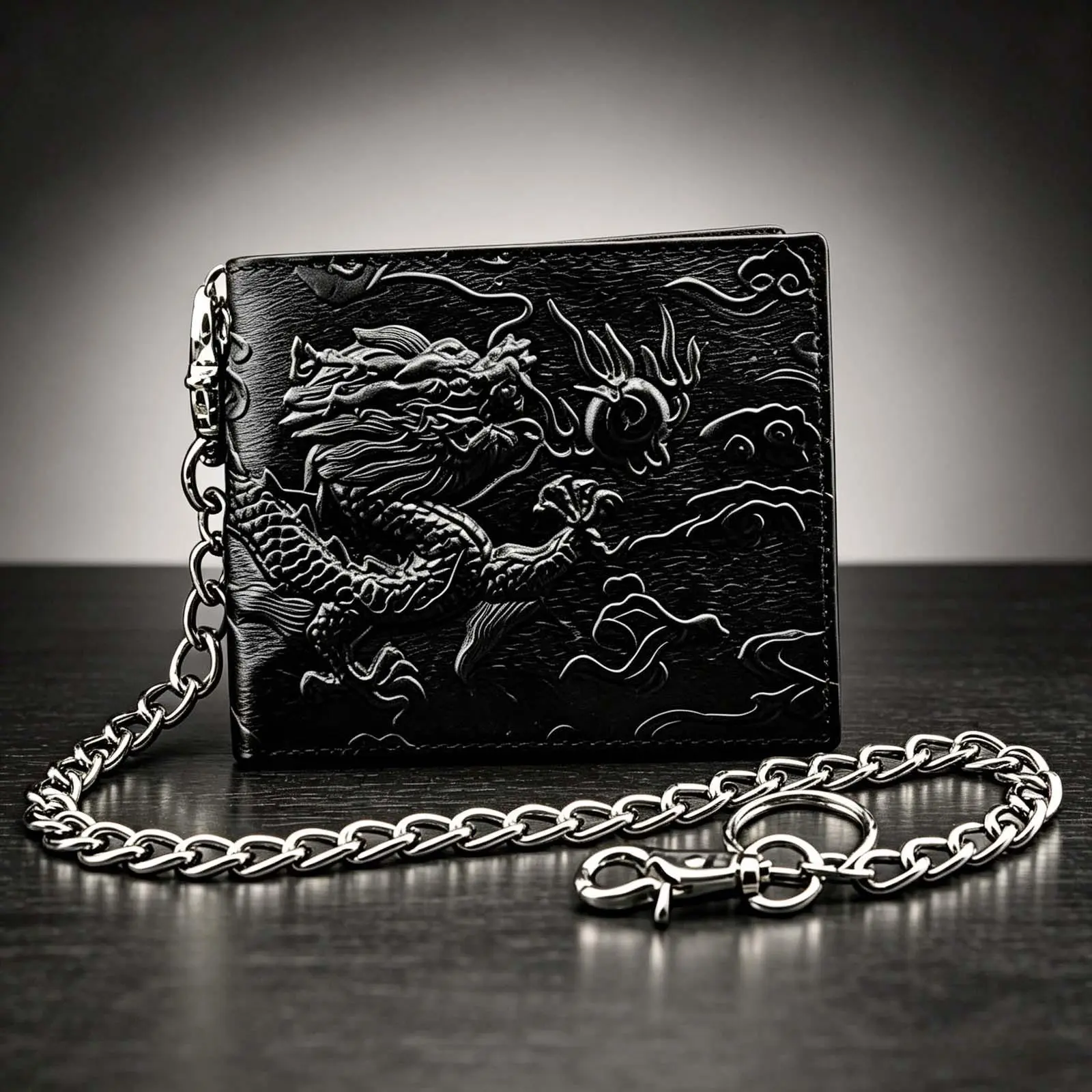 Vintage Dragon Wallet For Men Black Genuine Leather With Chain Card Purse