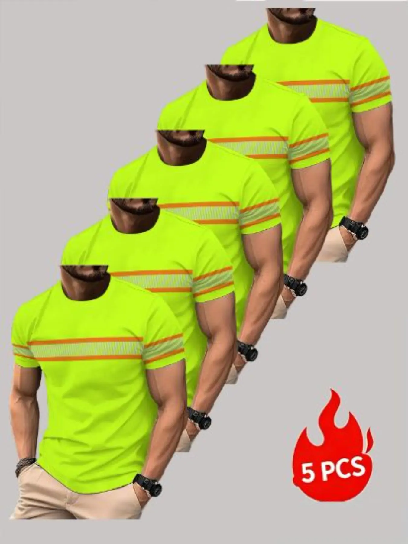 5-Pack Men's Fluorescent Striped Round Neck Short Sleeve T-Shirts, Summer Outdoor Workwear, Slim Fit, All over Print, Non-Reflective, Casual Graphic Tee