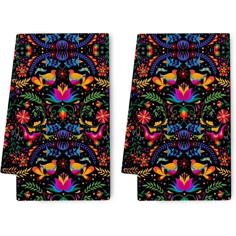 2-piece Mexican Odomi ethnic style kitchen towel set, 16 x 24 inches, black background with colorful floral and bird print, soft and absorbent dish towels, ethnic style home decor, housewarming gift, birthday gift.