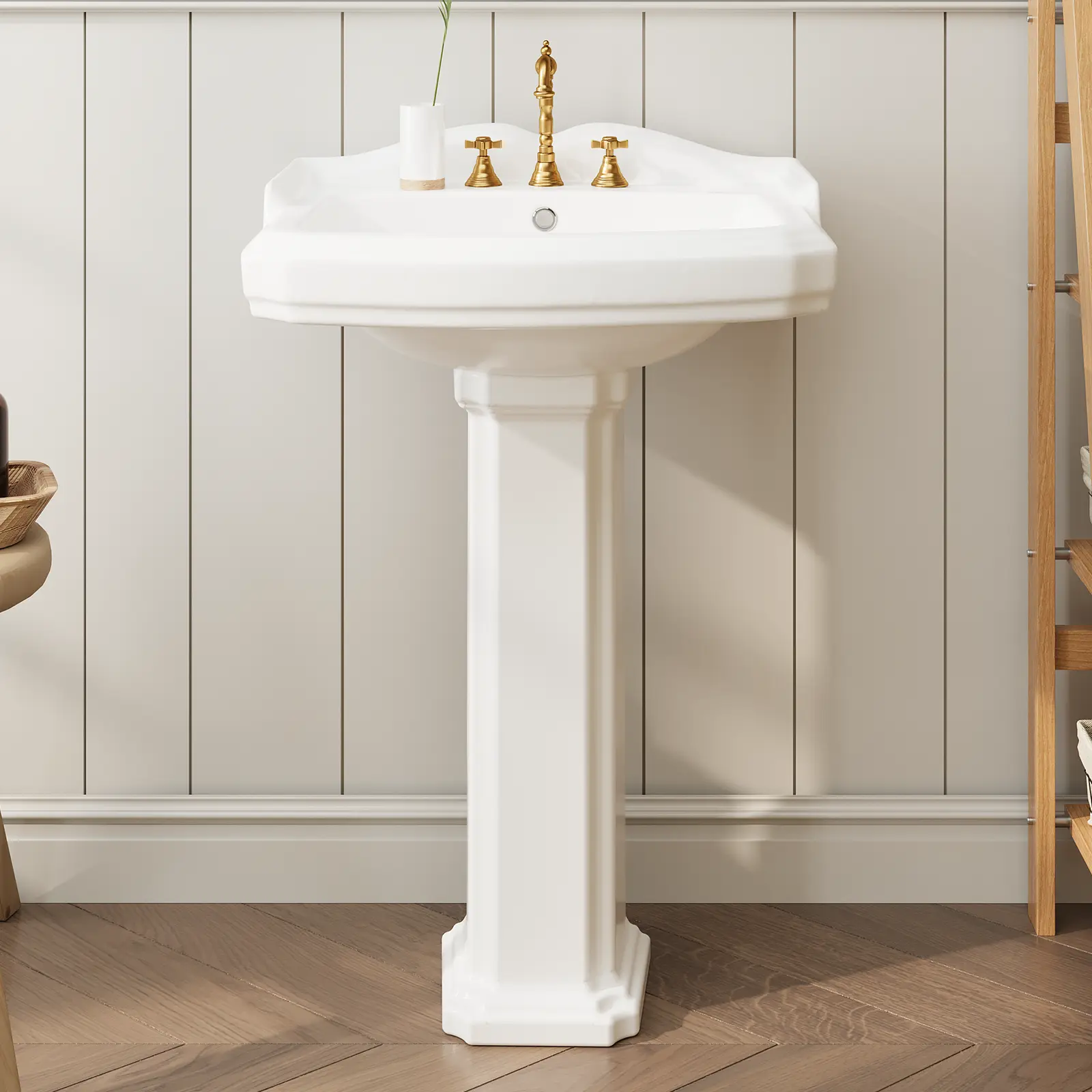 Bathroom Pedestal Sink, Classic Square Ceramic Pedestal Basin with Backsplash Edge, 8 inch 3 Hole Faucet Mount, Bathroom Sink for Apartment Hotel, 23 x 19 inch
