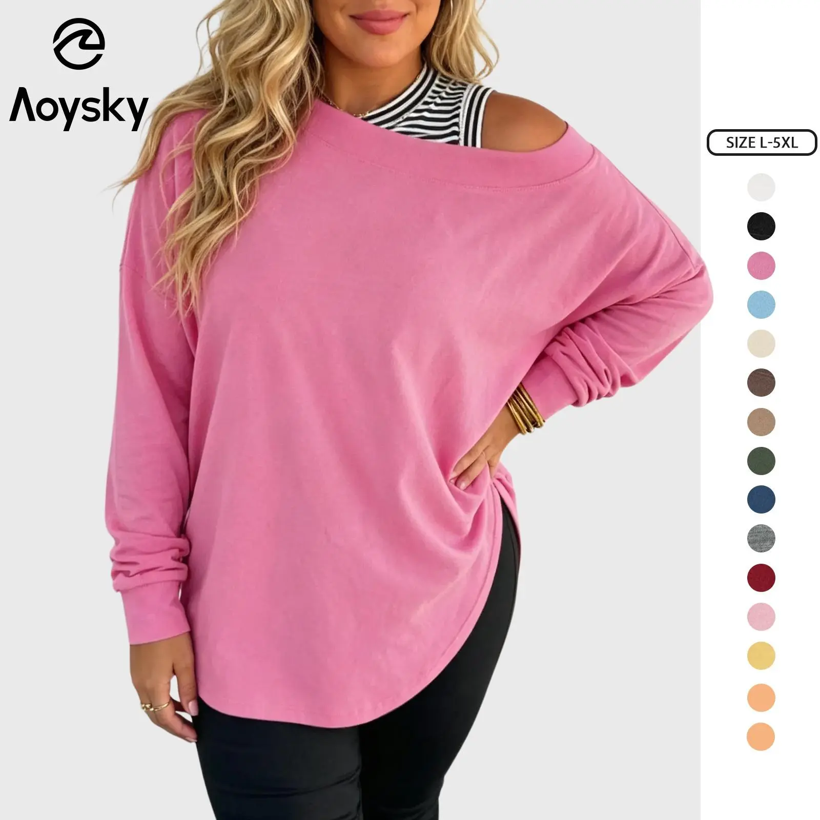 Aoysky Women's Plus Size Oversized Boat Neck Soft Cotton-Elastane Tunic T-Shirt - Baggy Long Sleeve Plain Streetwear Clothes with Thumbholes, High-Low Hem, Minimalist Design, Machine Washable, All-Seasons Casual Top