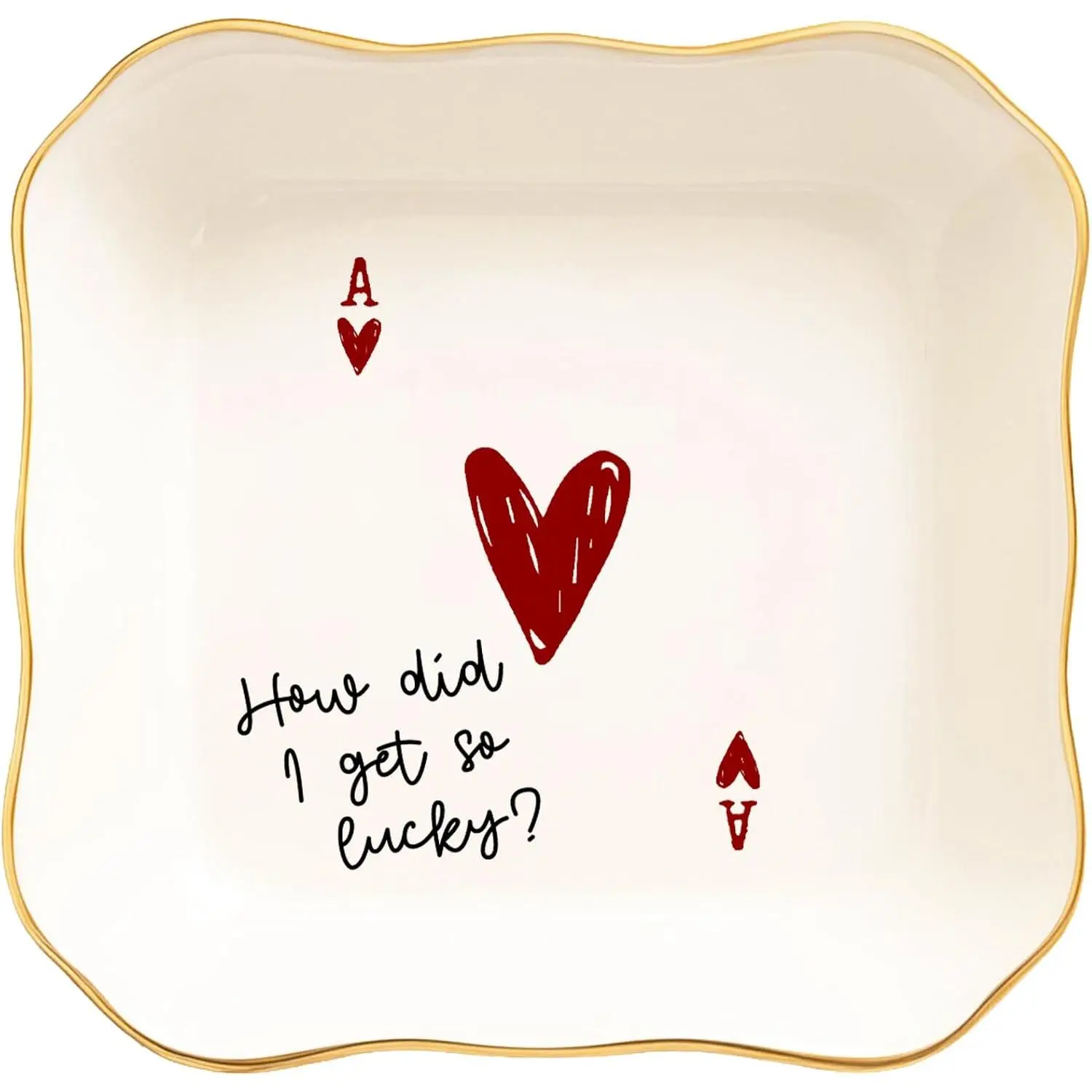 Funny Love  Dish with Heart Playing Card – “How Did I Get So Lucky?” Romantic Trinket Dish for Couples – Cute Anniversary, Valentine’s Day, Wedding  for Wife, Husband, Girlfriend, Boyfriend