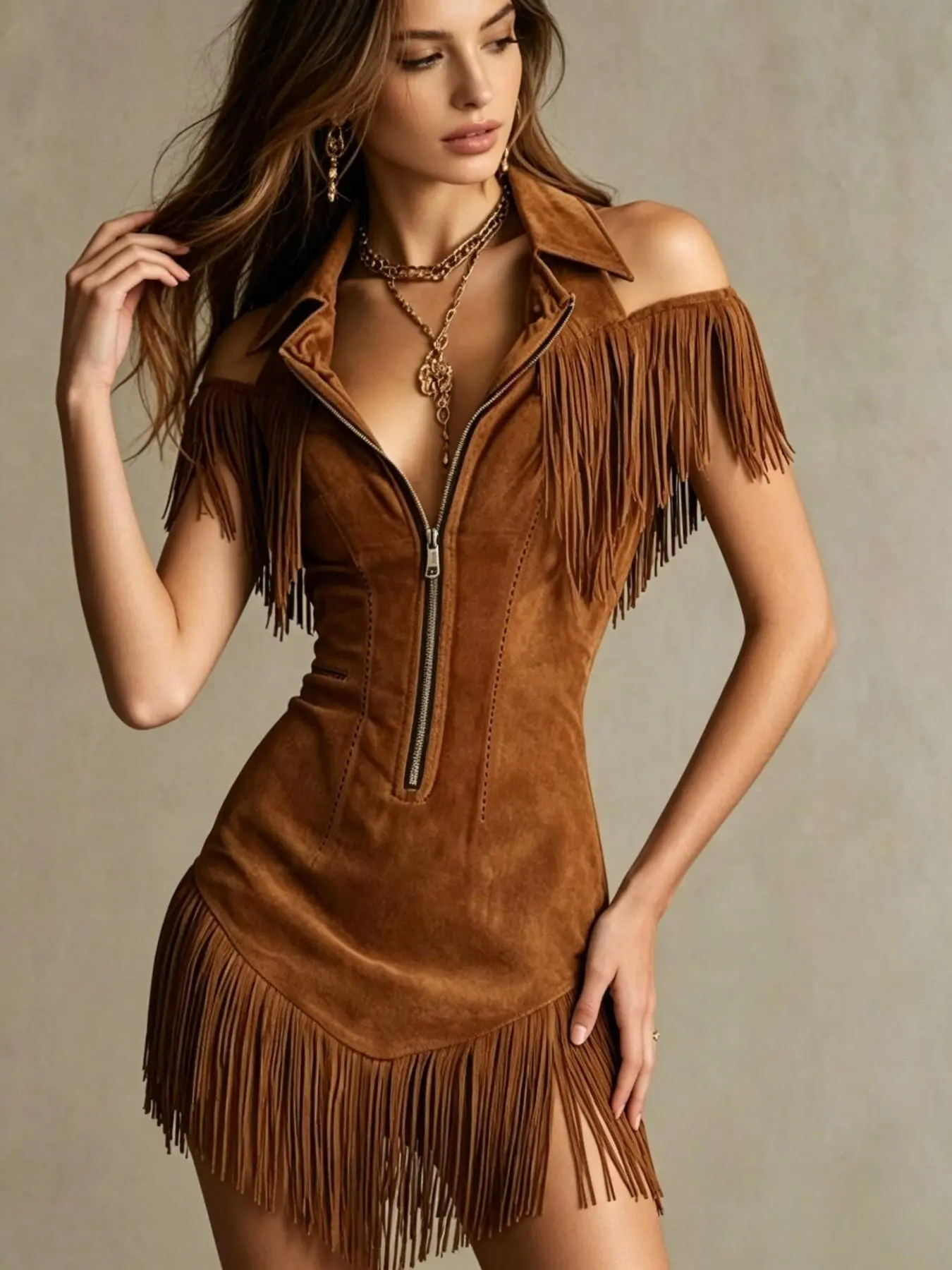 2026 New Y2K Retro Suede Fringe Vneck Off-Shoulder Dress, Western Style Sexy Waist Short Skirt, Casual Wear Fashion for Outdoor Commute