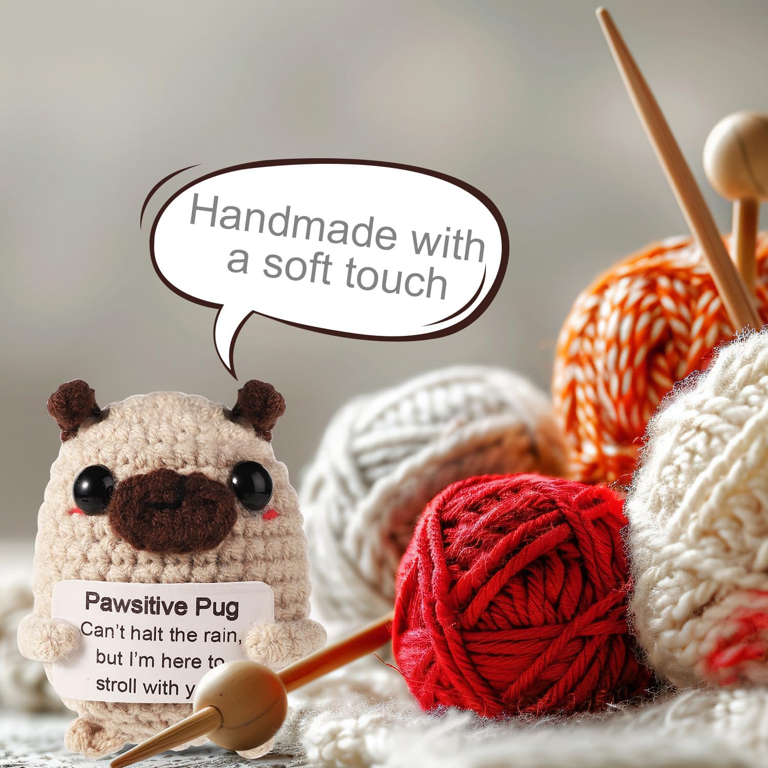 Super cute positive animals crochet pug plush! Tiny knitted lucky charm dolls for emotional support and encouragement. Ideal sweet gifts for friends, family, or charming party decoration. Small in size but big in love and warm comforting vibes.