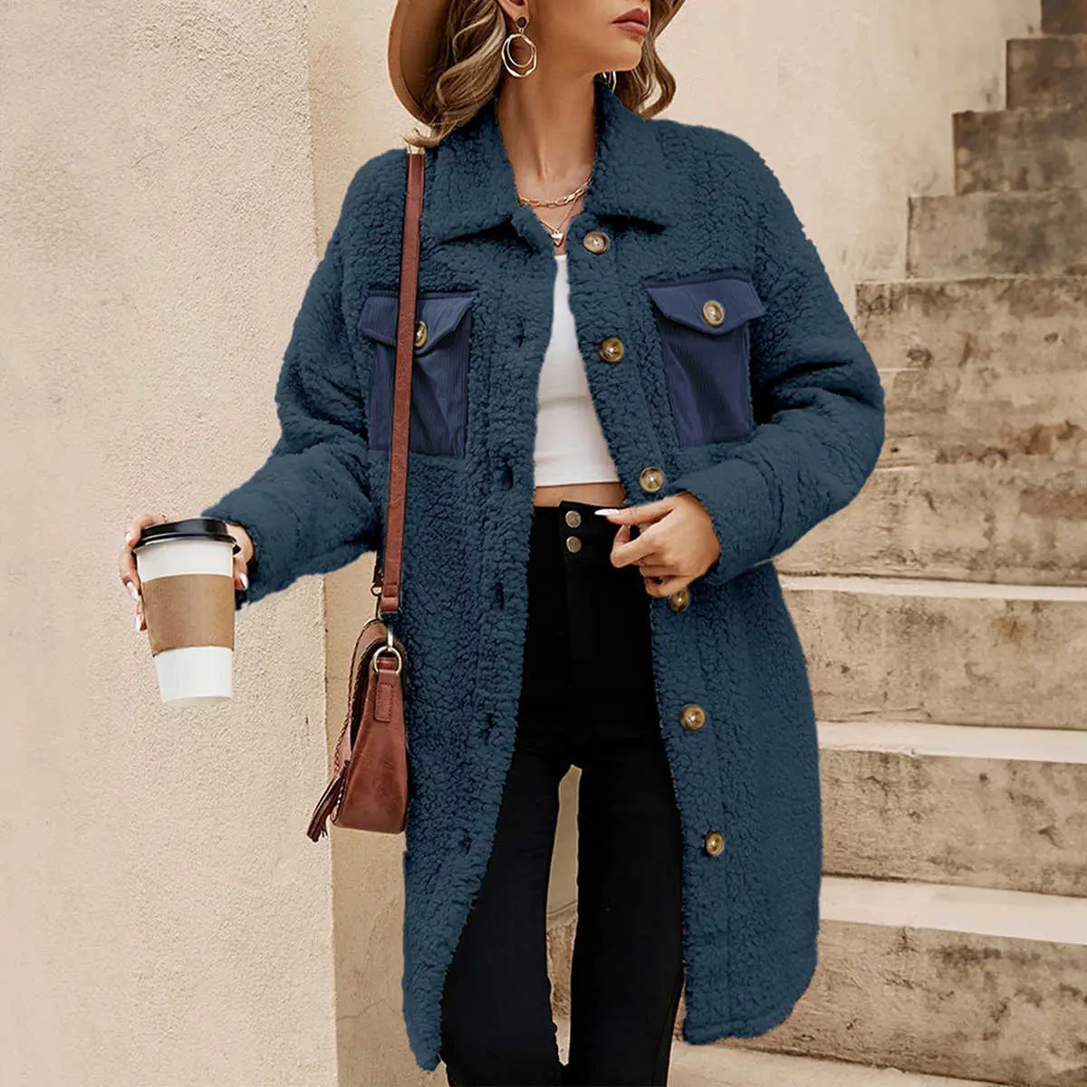 Blue Contrast Flap Pocket Single Breasted Teddy Coat
