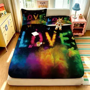 3pcs Colorful Smoky Butterfly "LOVE" Slogan Print Fitted Sheet Set, 1 Fitted Sheet + 2 Pillowcases, No Insert, Soft Comfortable Bed Cover, Deep Pocket, Suitable for All Rooms