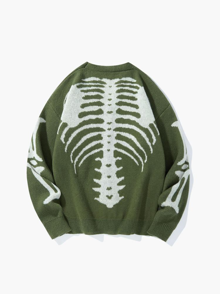 Men's Skeleton Print Button-Front Knitwear Top - Long Sleeve V-Neck, Loose Drop-Shoulder Regular Fit, Soft Menswear Pullover, Spooky Men's Cardigan, Multi-Size, Casual Halloween Fall Wear
