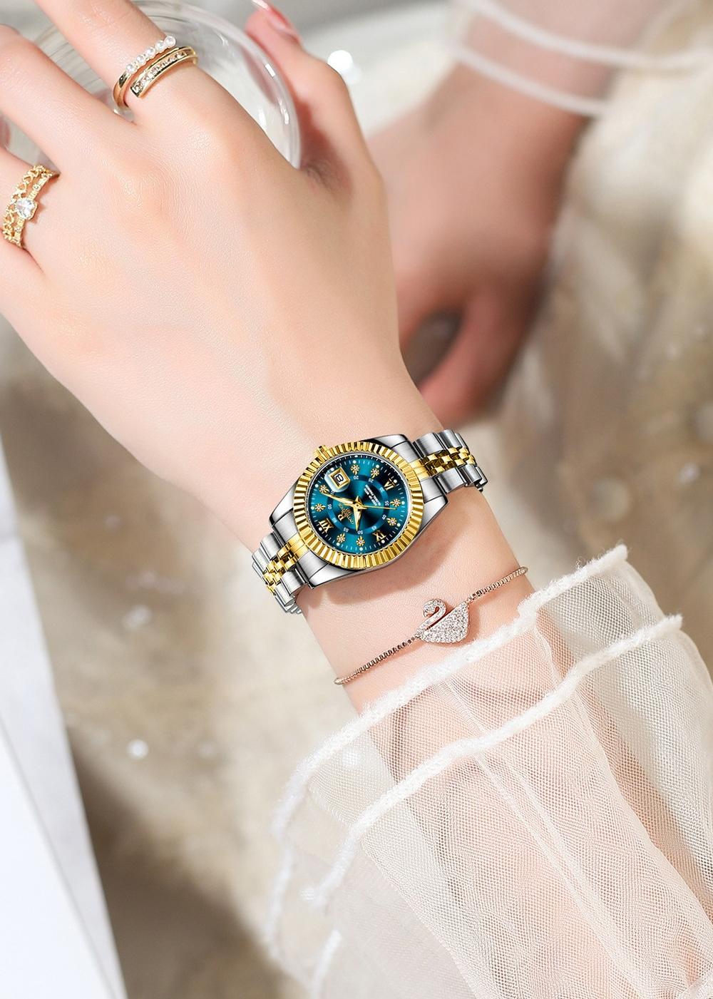 Elegant Women's Luxury Blue Dial Quartz Watch - Two-Tone Gold Silver Stainless Steel Wristwatch with Date, Sparkling Crystal Markers, Roman Numerals, Stylish Dress Watch for Ladies, Perfect Gift for Wife Girlfriend Mom