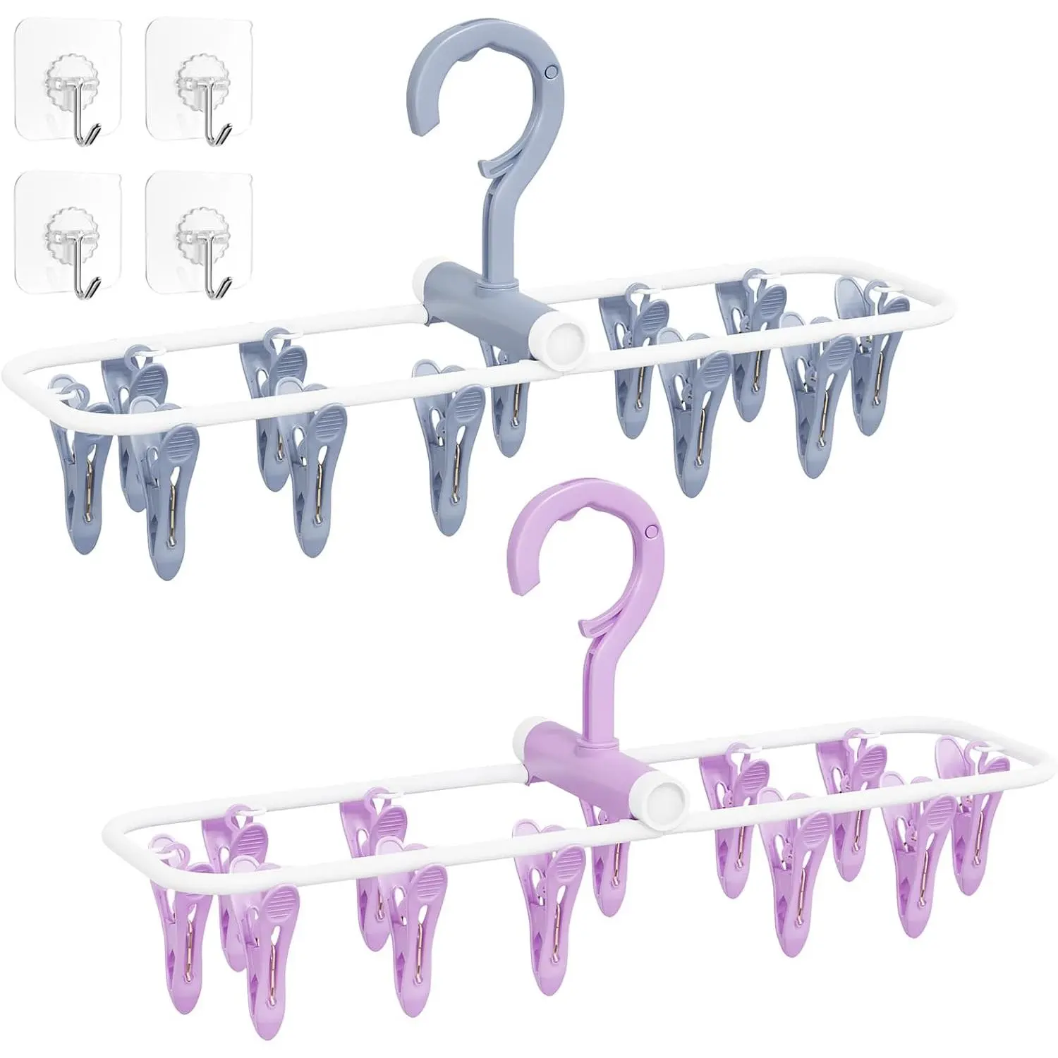 Clothes Drying Hanger with 12 Clips, 2 Pack Folding Portable  Drying Rack,Drip Foldable  Rack, 360° Rotatable Hook for Drying Towels Bras  Clothes Gloves Plastic(Blue&)
