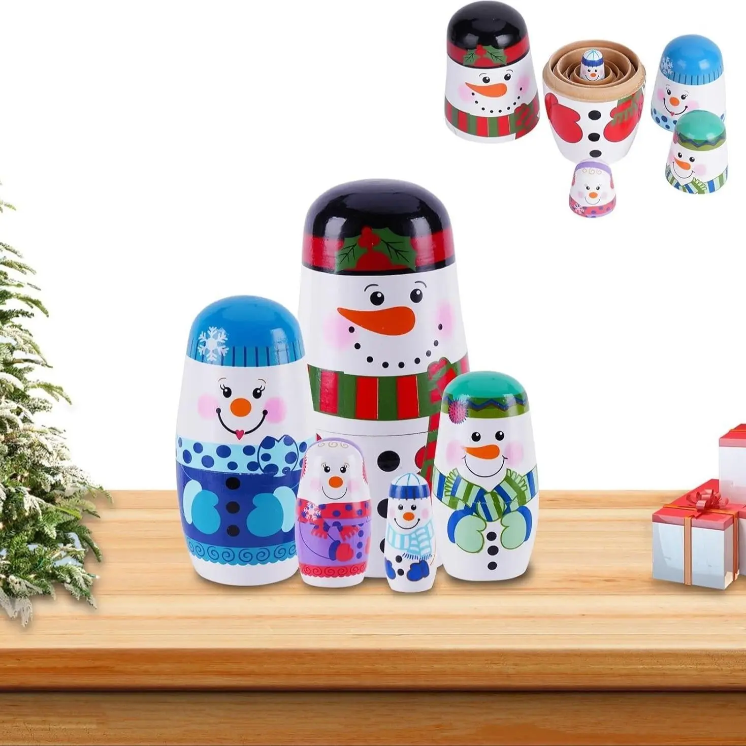 Wooden Russian Doll Set, 5-Piece Snowman Nesting Dolls, Hand-Drawn Wooden Stacking Toys, Kids Birthday Party Decor, New Year Gift