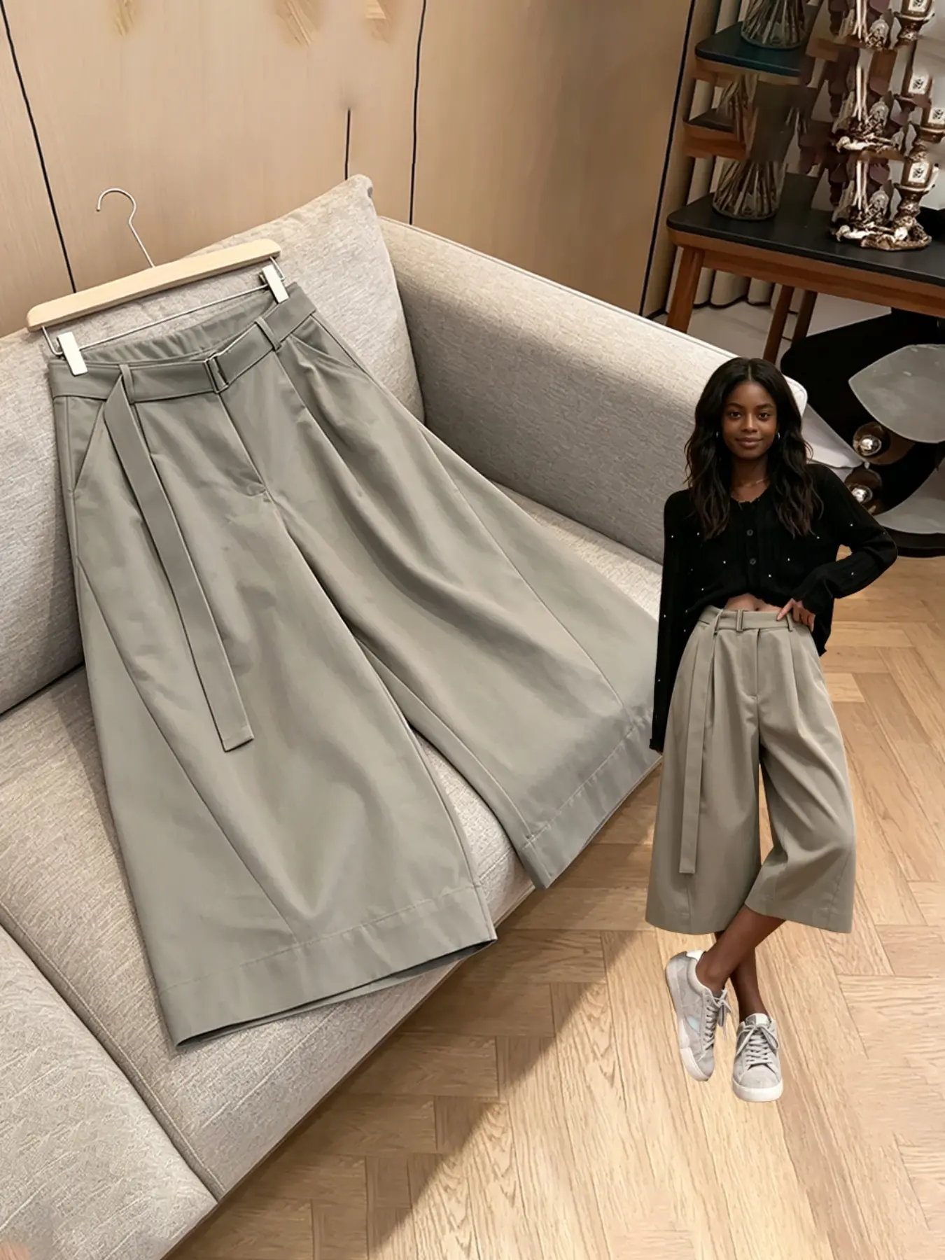Women's High Waist Wide Leg Cropped Pants Bottom, Casual Loose Baggy Culottes with Belt, Comfortable Fit for Daily Wear & Special Occasions