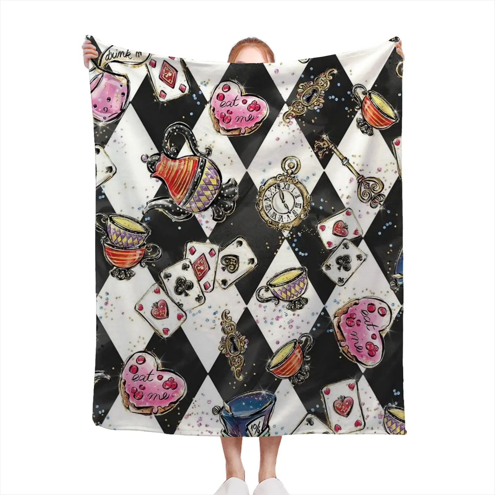 Flannel Alice In Wonderland Print Throw Blanket - Soft, Cozy, Lightweight, Machine Washable Cartoon Printed Blanket for Sofa, Bedroom, Anime Theme Room Decor, Gift for Her