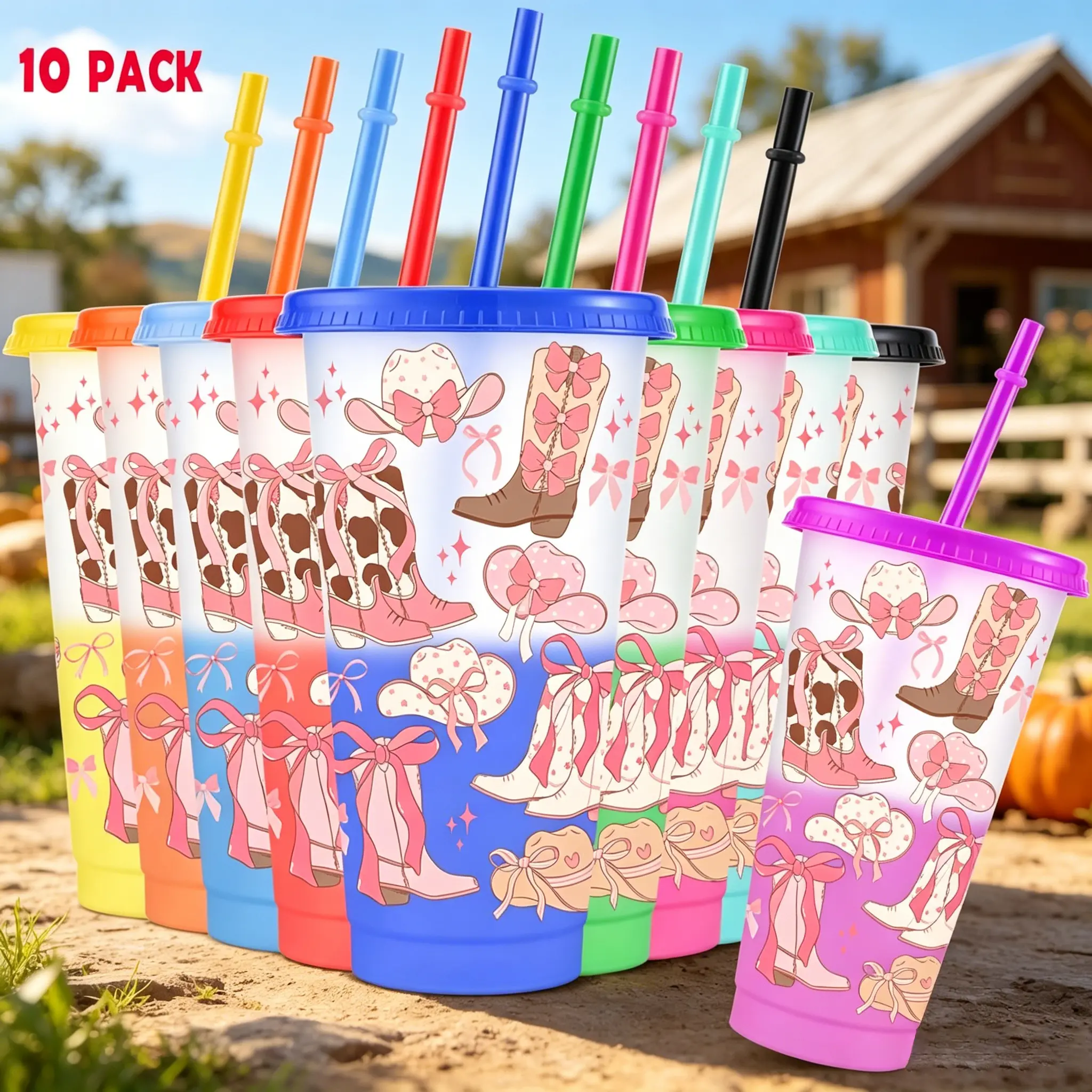 10pcs/24oz/710ml/Plastic Tumblers,Color Changing Cups With Lids And Straws,Iced Coffee Cups,Pastel Pink Cowgirl Style Motifs With Bows And Sparkles, Festive Gift Option,Perfect For Birthday Parties And Holiday Celebrations,Summer Gifts