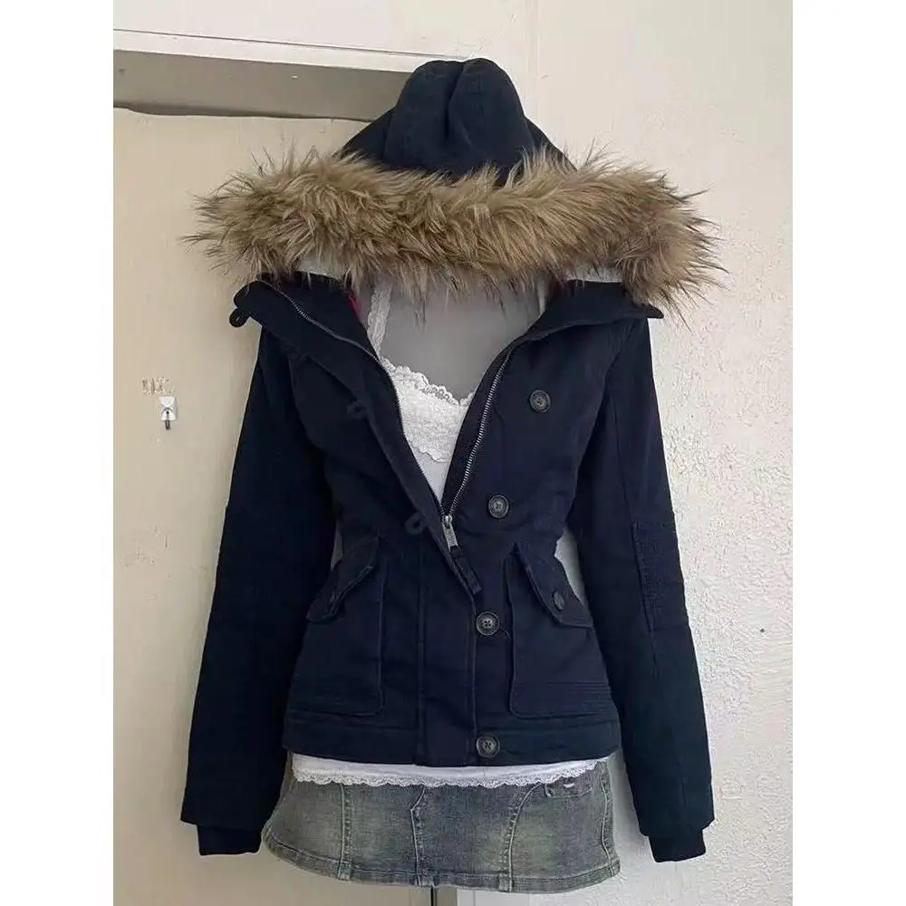 Y2K Street Gothic Slim Fit Zip Up Hooded Jacket Women Blue Frayed Edge Hooded Parka Trendy Retro Fashionable Warm Winter Wear