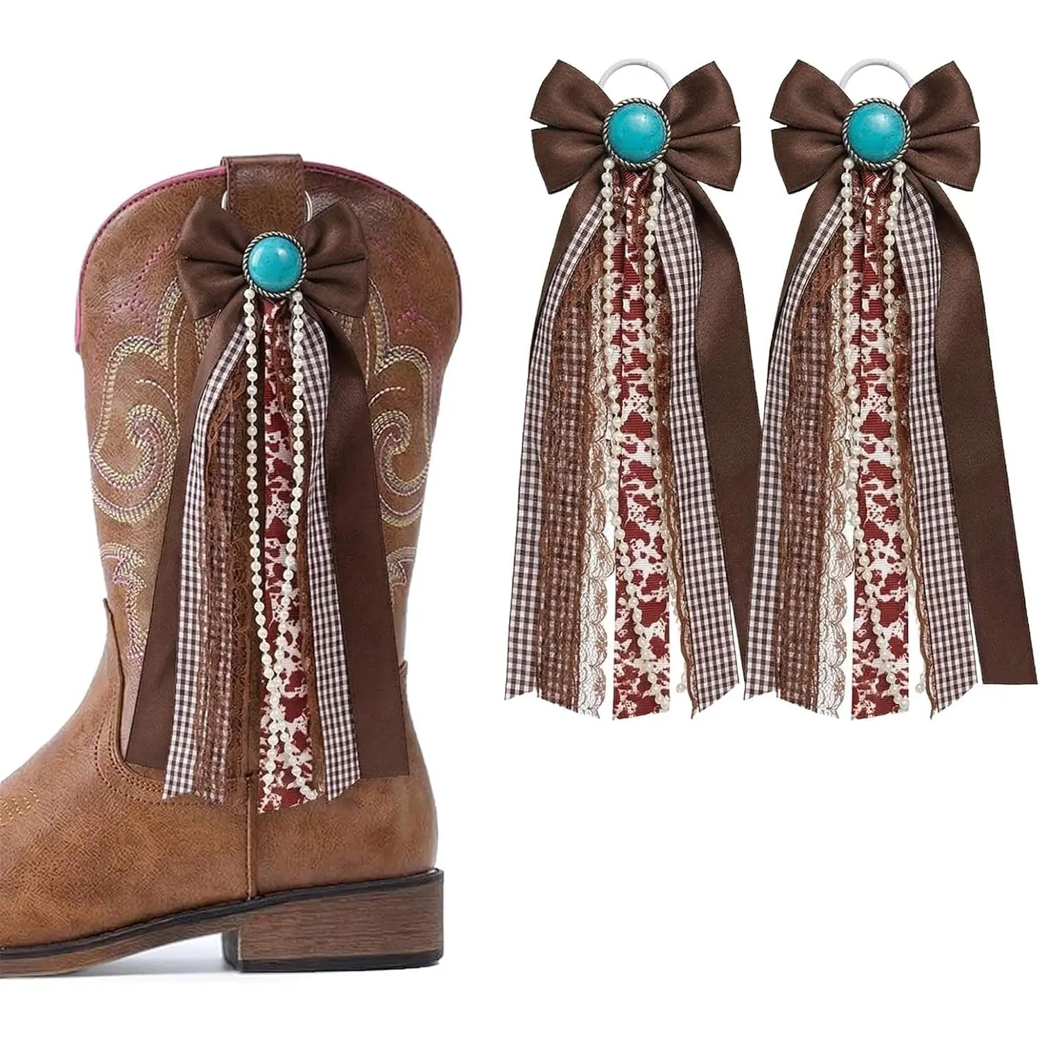 Brown Cow Ribbon Bow Martin Boot Bows, Brown White Buffalo  Satin Ribbons Boot Bows Glitter  Lace Holiday Birthday Farm School Accessory Decor