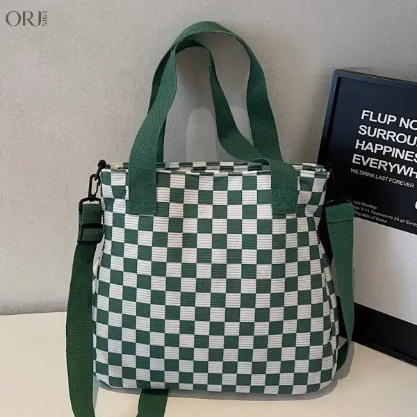 Women's 2026 New High-Capacity Checkered Plaid Corduroy Tote Bag - Casual Multi-Function Hand-Shoulder Satchel Purse with Dual Handles, Urban Simplicity Design, Touchscreen Compatibility, Winter-Ready for Student Campus Daily/Supermarket Use