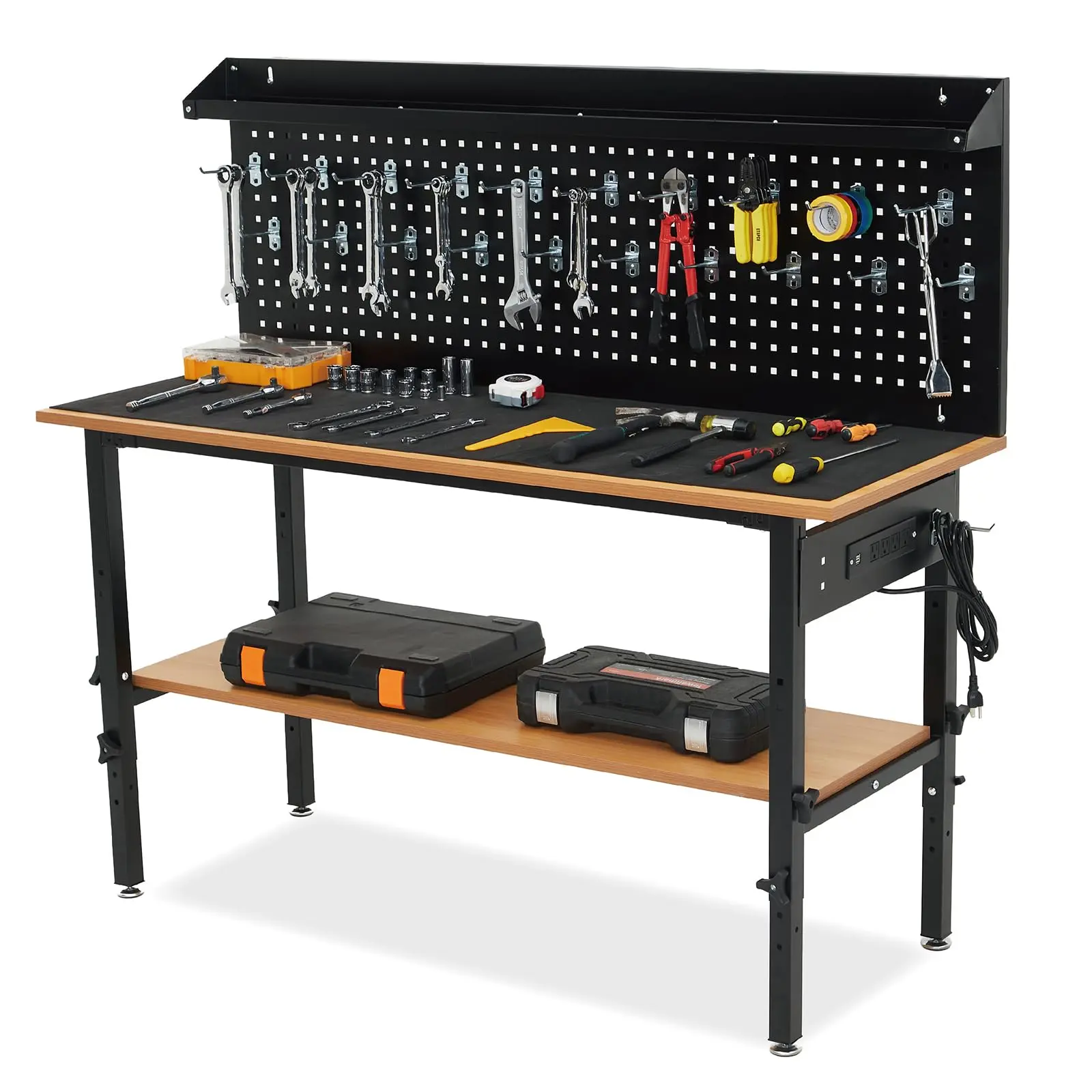 Adjustable Height Workbench, Walnut Wood Workbench – Iron Frame, 2200lbs Load, Multi-Hole Pegboard, Power Outlet, Wheels – Modern Office Standing Desk, Double Layer, Flat Feet, No Drawer, Height