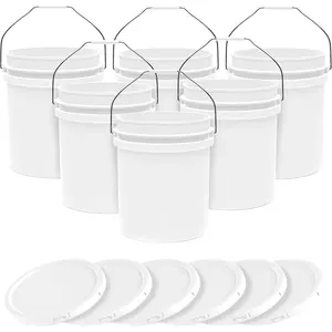 5-Gallon White Bucket Pail Container with Lid | Food Grade | Heavy-Duty Approx 90 MIL Extra Durable | Metal Handles with Plastic Grip | Multi-Use | Easy Stack and Store | BPA Free - 6 Pack