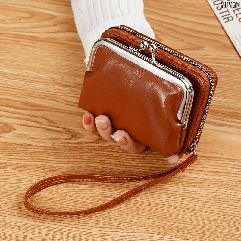 Vintage Kiss Lock Wristlet Pouch - Casual Mini Gym Wallet for Outdoor Enthusiasts with Zipper Pocket for Card and Coin Storage, Retro Design