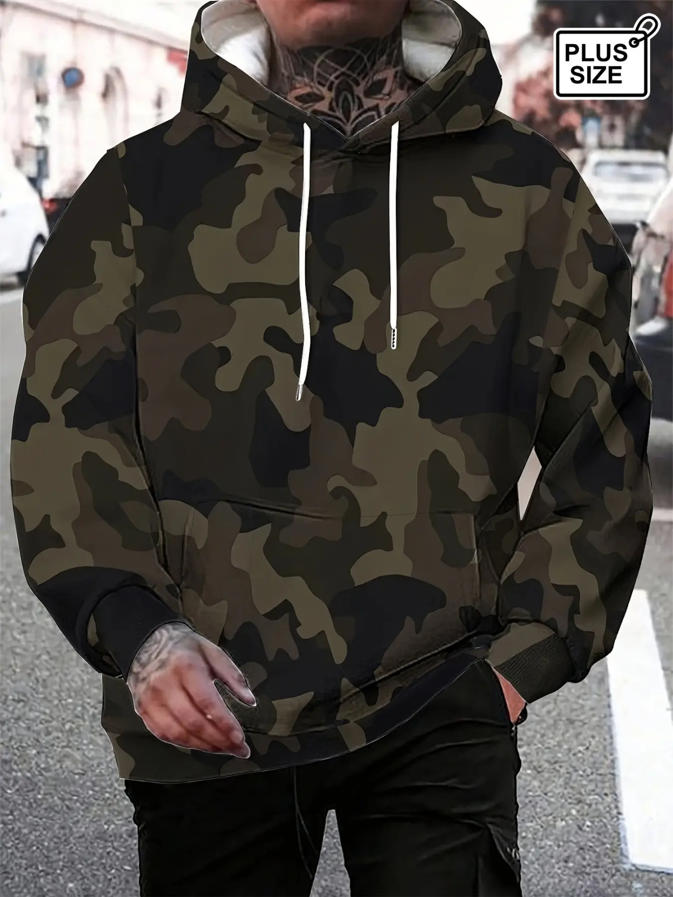 Military Camouflage Hoodie, Large Size Men's Loose Fit Casual Outdoor Workwear Sweatshirt, Long Sleeve Asymmetrical Design, Fall & Winter