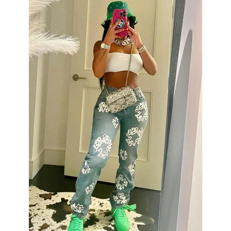 Women's Clothing Stretch Kapok Printed Denim Trousers Cotton Jeans Pants Black Basic Bottom Spandex