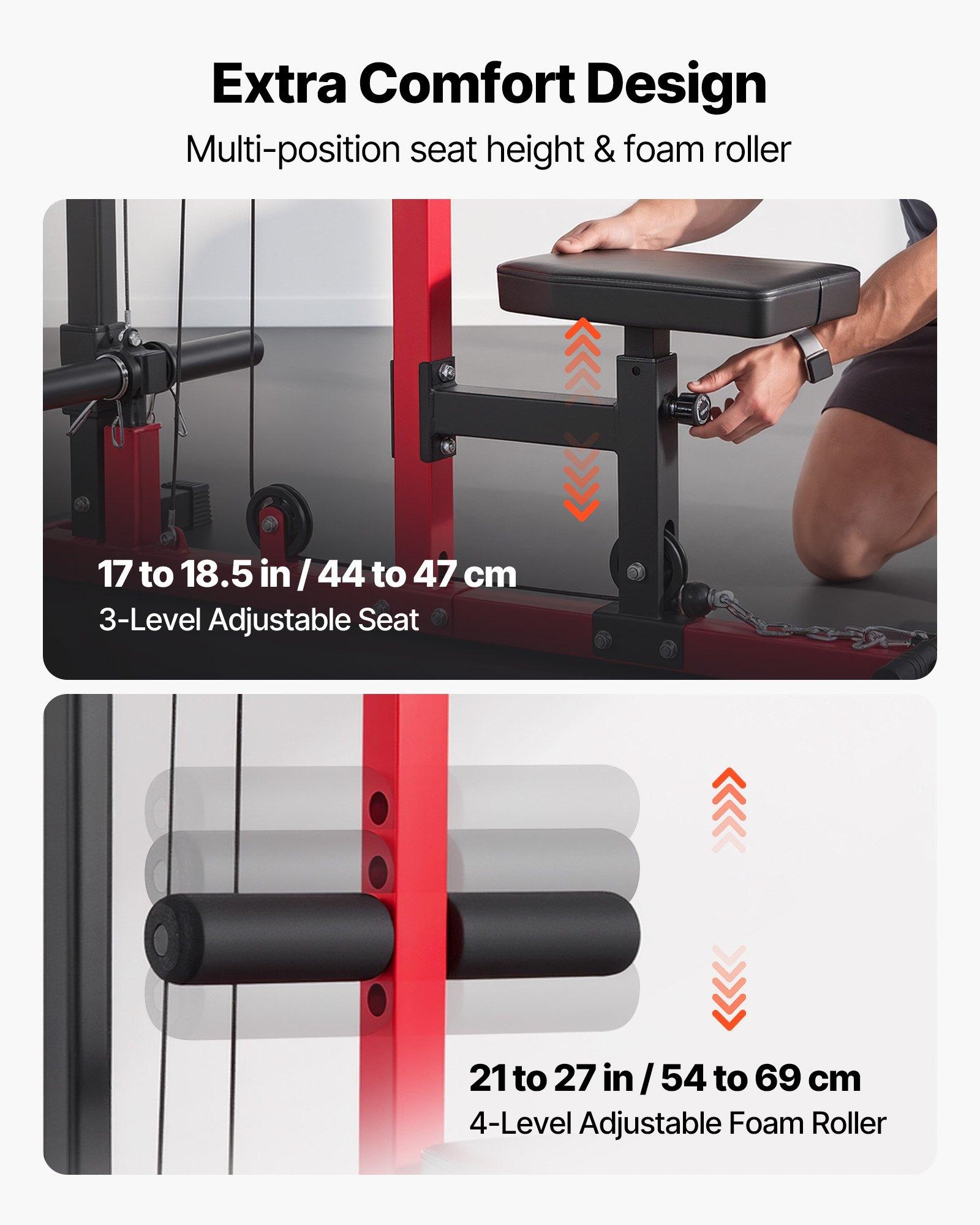 VEVOR 2-in-1 Carbon Steel LAT Pull Down & Row Cable Machine, Home Gym Hand Tool Kit with 3-Level Adjustable Seat, 4-Level Adjustable Foam Roller, 500lb Load Lat Tower for Back Workouts, Black Red