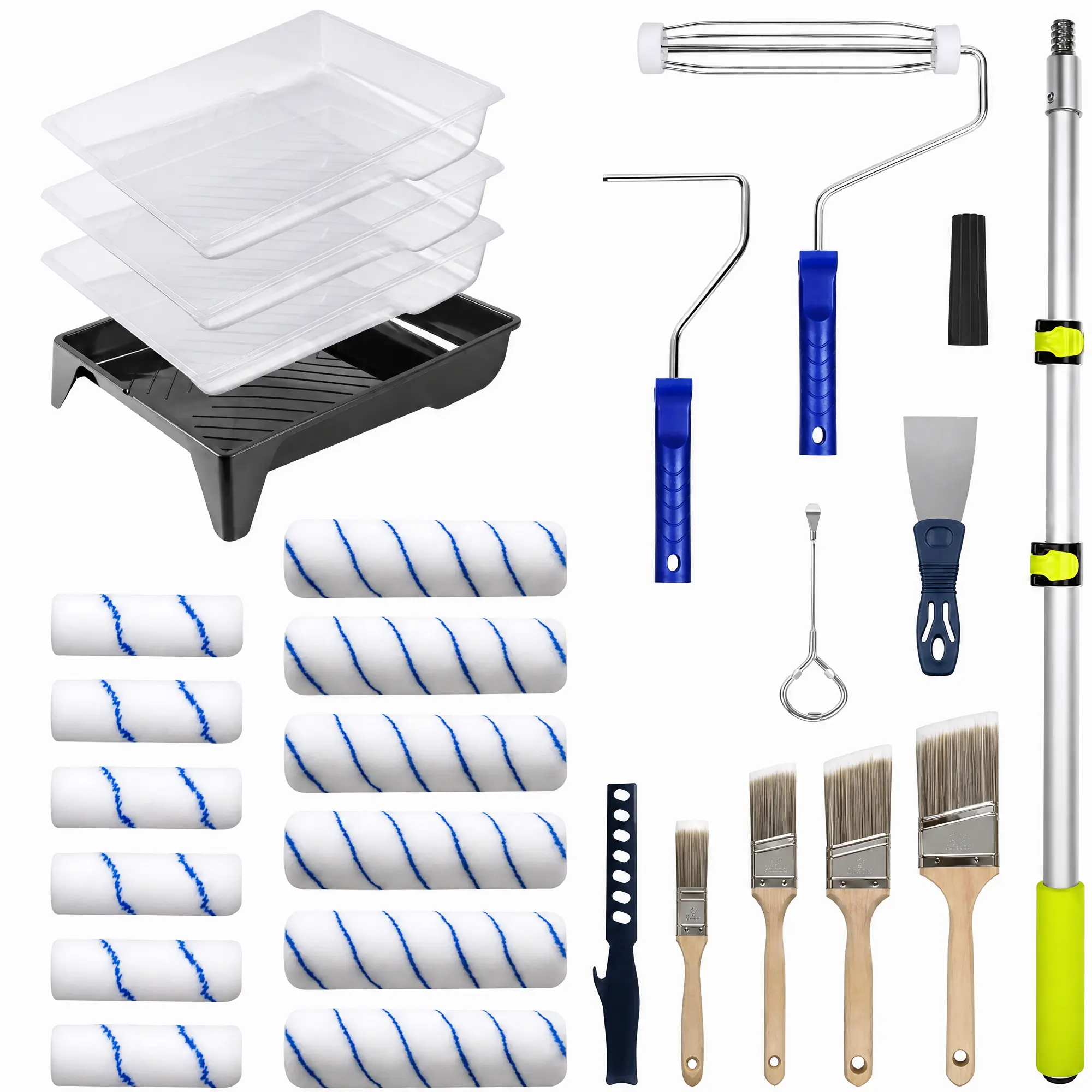 【IdealHouse】All‑In‑One Paint Roller Kit with Adjustable Extension Pole, Microfiber Roller Covers, Paint Trays and Brushes, Complete Home Painting Tools for Walls, Ceilings and DIY Renovation Projects