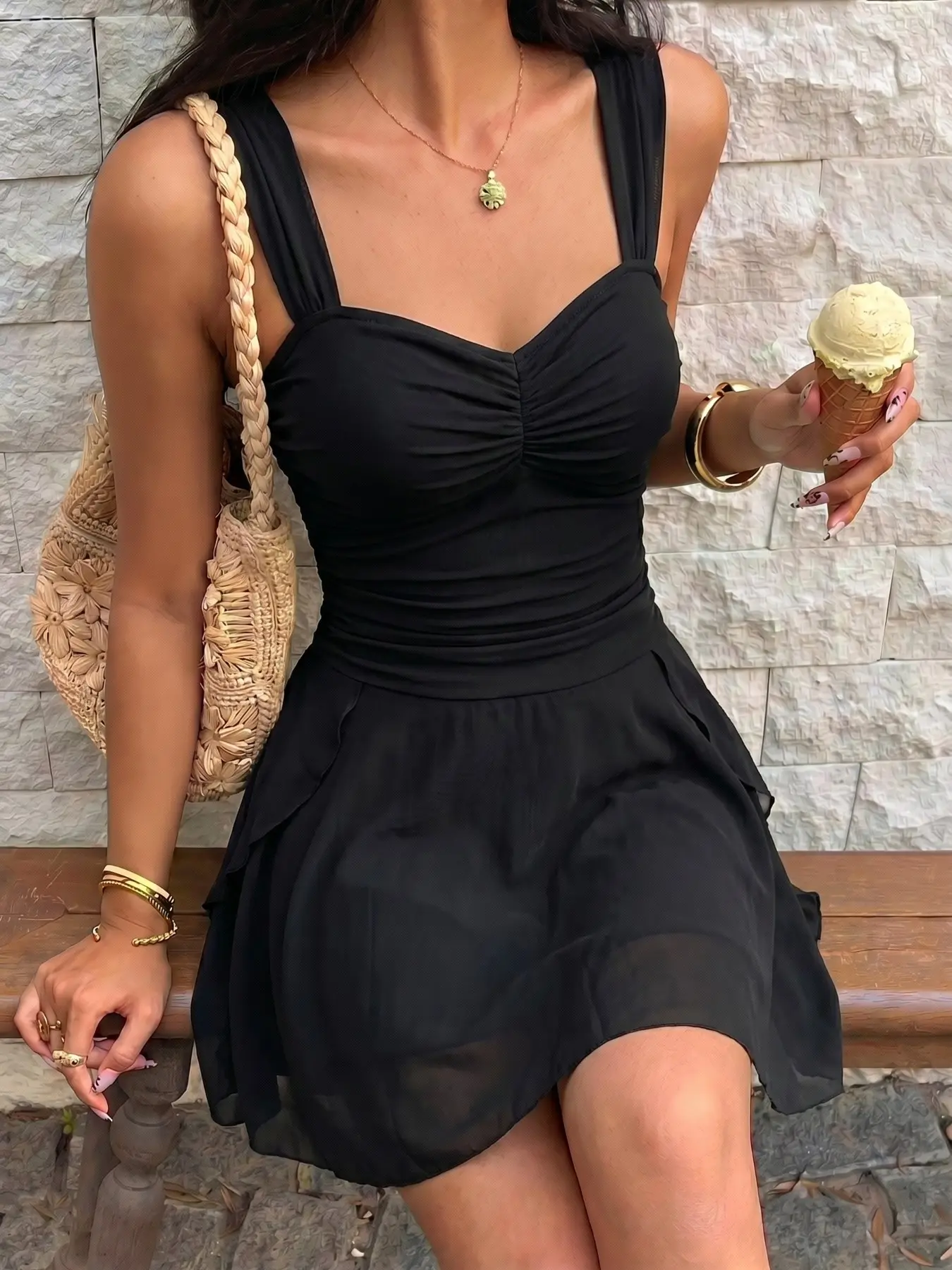 Mint Wide Strap Ruched Wrap Dress, French Chic Sweet Style, Summer Beach Vacation, Afternoon Tea Date Atmosphere, Petite Slimming Fit Dress High Waist Flowy Two-Layer Lightweight Chiffon Mini Dress, Wrinkle Resistant Casual Summer Dress, Feminine Women